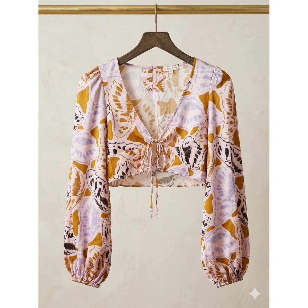 For Love & Lemons Blouse Womens Small Pink Butterfly Print Tie Front Crop Top